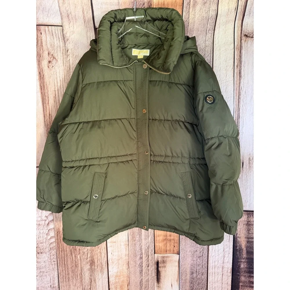 Michael Kors Jacket Hooded Puffer Water Resistant Olive Green Coat Hood XXL NWOT